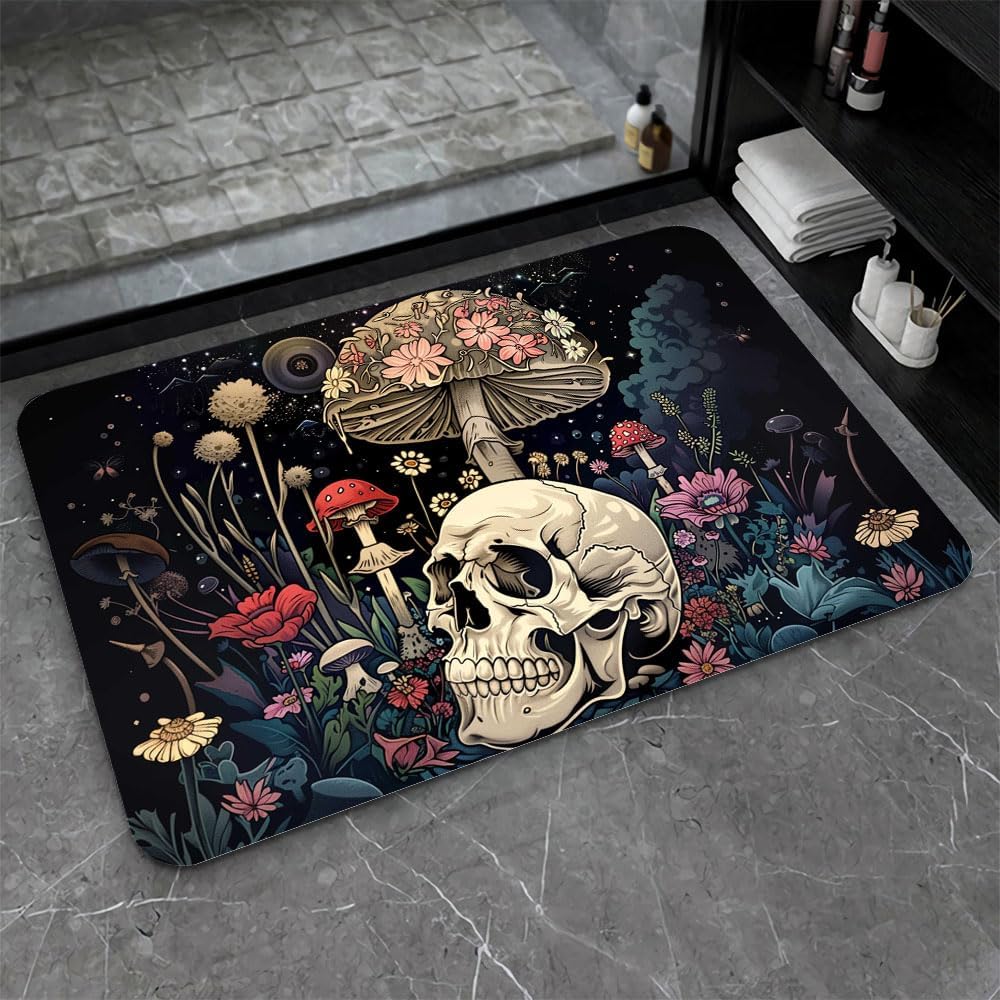 Bath Mat-Bathroom Rug，A Skull and Mushroom-Absorbent Non Slip Quick Dry Stain Resistant Easy to