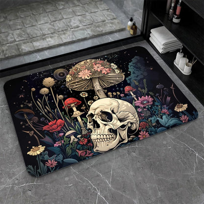 Bath Mat-Bathroom Rug，A Skull and Mushroom-Absorbent Non Slip Quick Dry Stain Resistant Easy to
