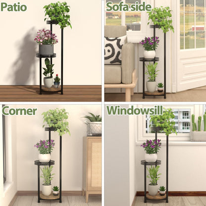 Plant Stand Indoor Outdoor,3 Tier Metal Wood Plant Stand for Multiple Plants,Black Tall Narrow