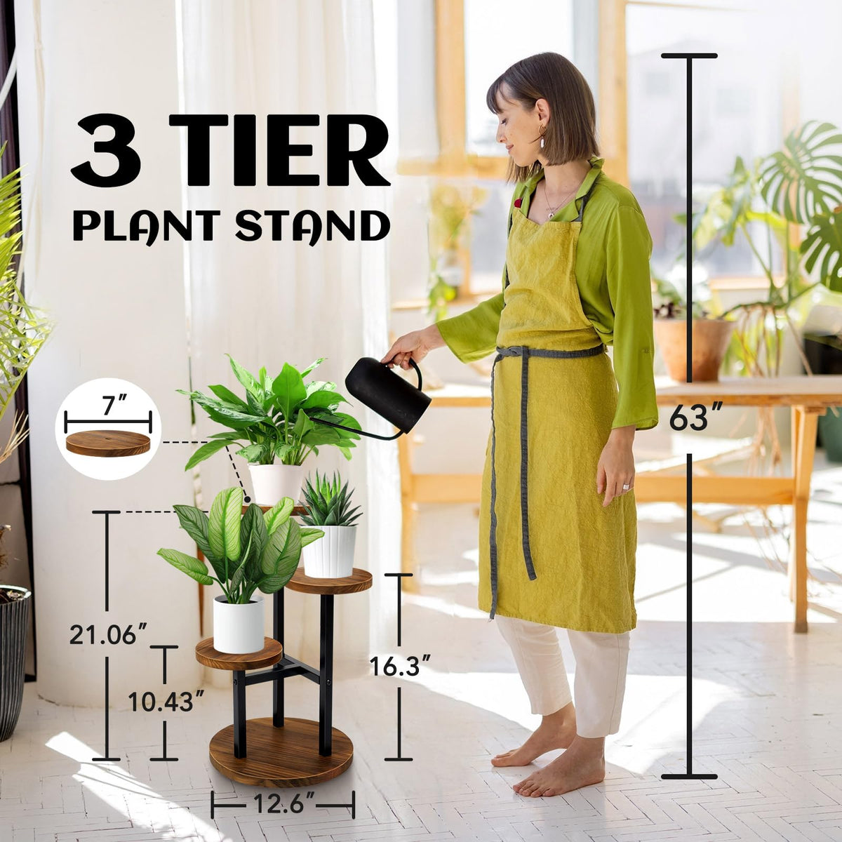 AUGOSTA 3 Tier Plant Stand, Tall Metal Wood Shelf Holder for Indoor, Outdoor Display Rack Flower