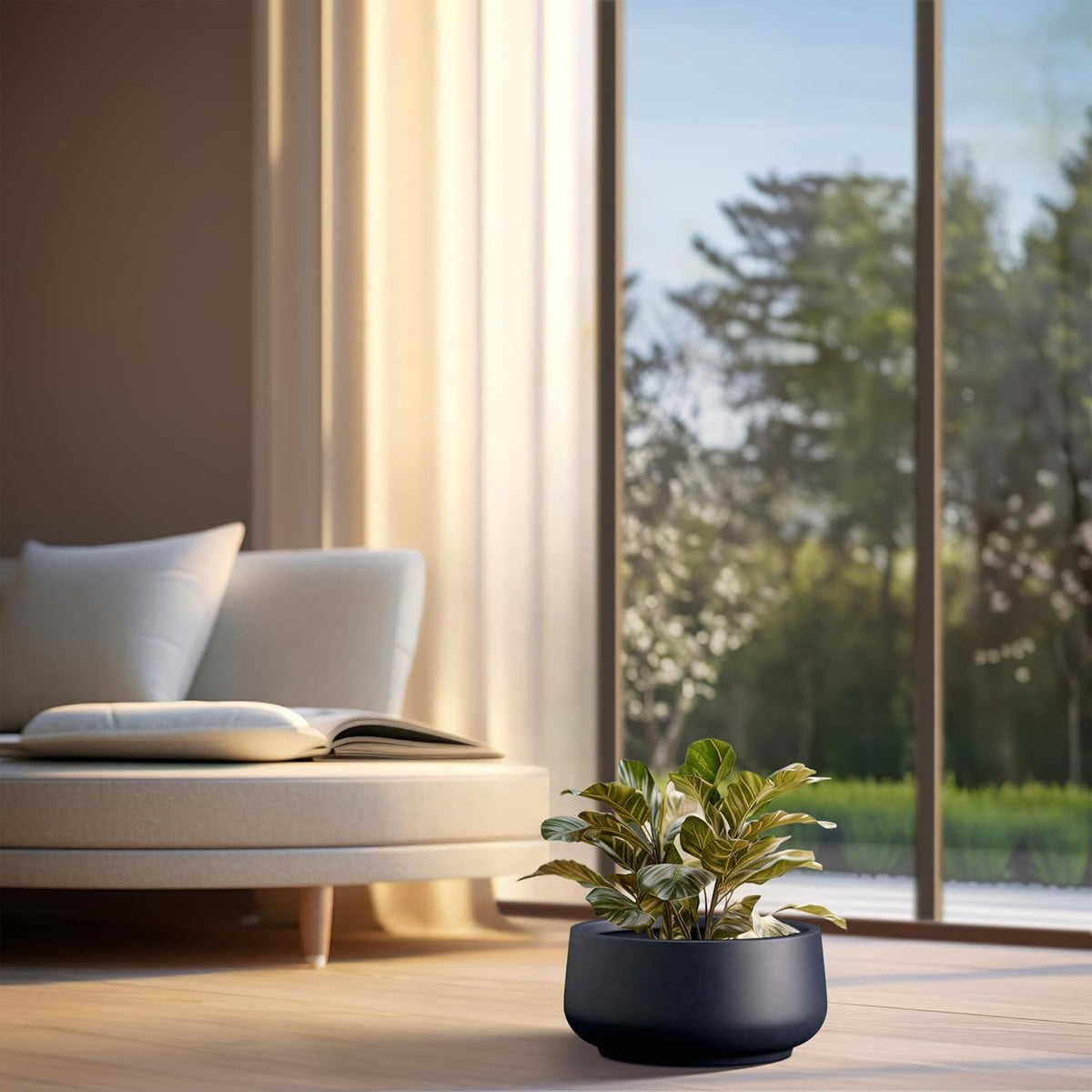 Kante 13.4" Dia Round Curvy Concrete Planter, Large Plant Pots with Drainage Hole and Rubber Plug