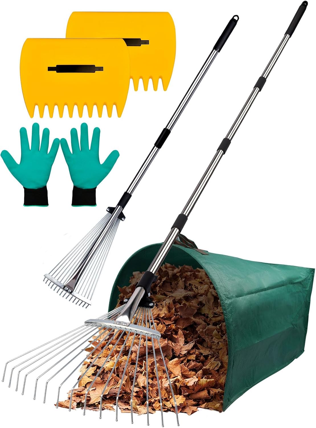 Adjustable Metal Leaf Rake Set Garden Rake for Leaves Long Handle 37"-63" Expandable Head Gardening