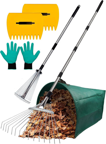 Adjustable Metal Leaf Rake Set Garden Rake for Leaves Long Handle 37"-63" Expandable Head Gardening