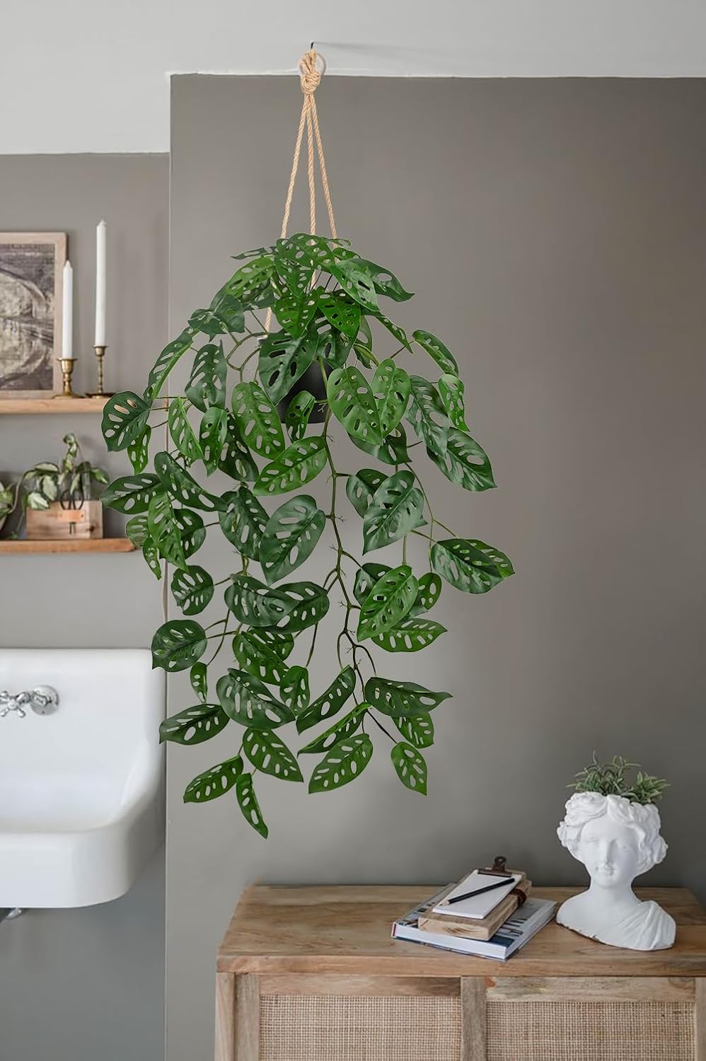 Large Fake Hanging Plants in Pot with Hook, 37" Artificial Hanging Monstera Albo Vines Plants, Fake