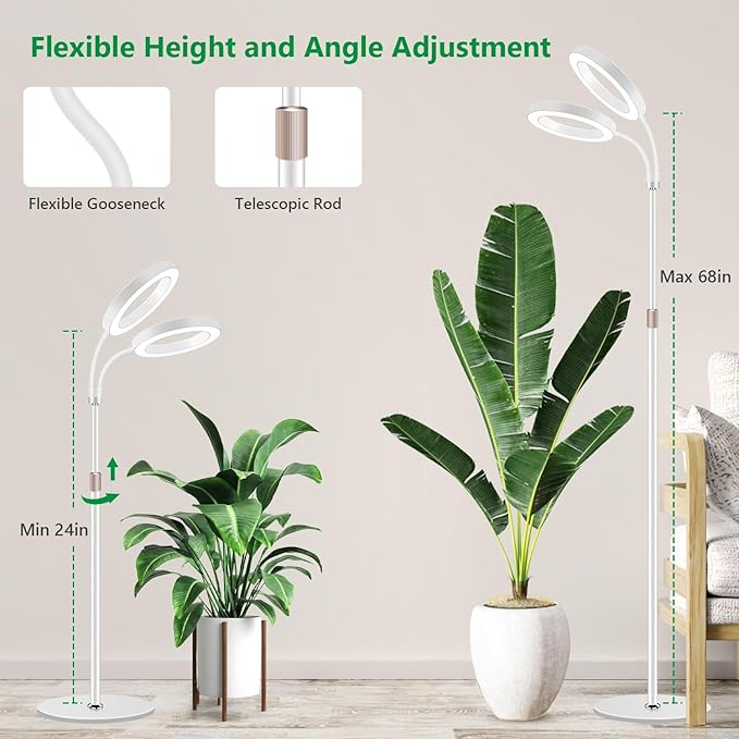 Large Plant Light for Indoor Plants, 2 Head Full Spectrum Grow Light with 68" Adjustable Stand for