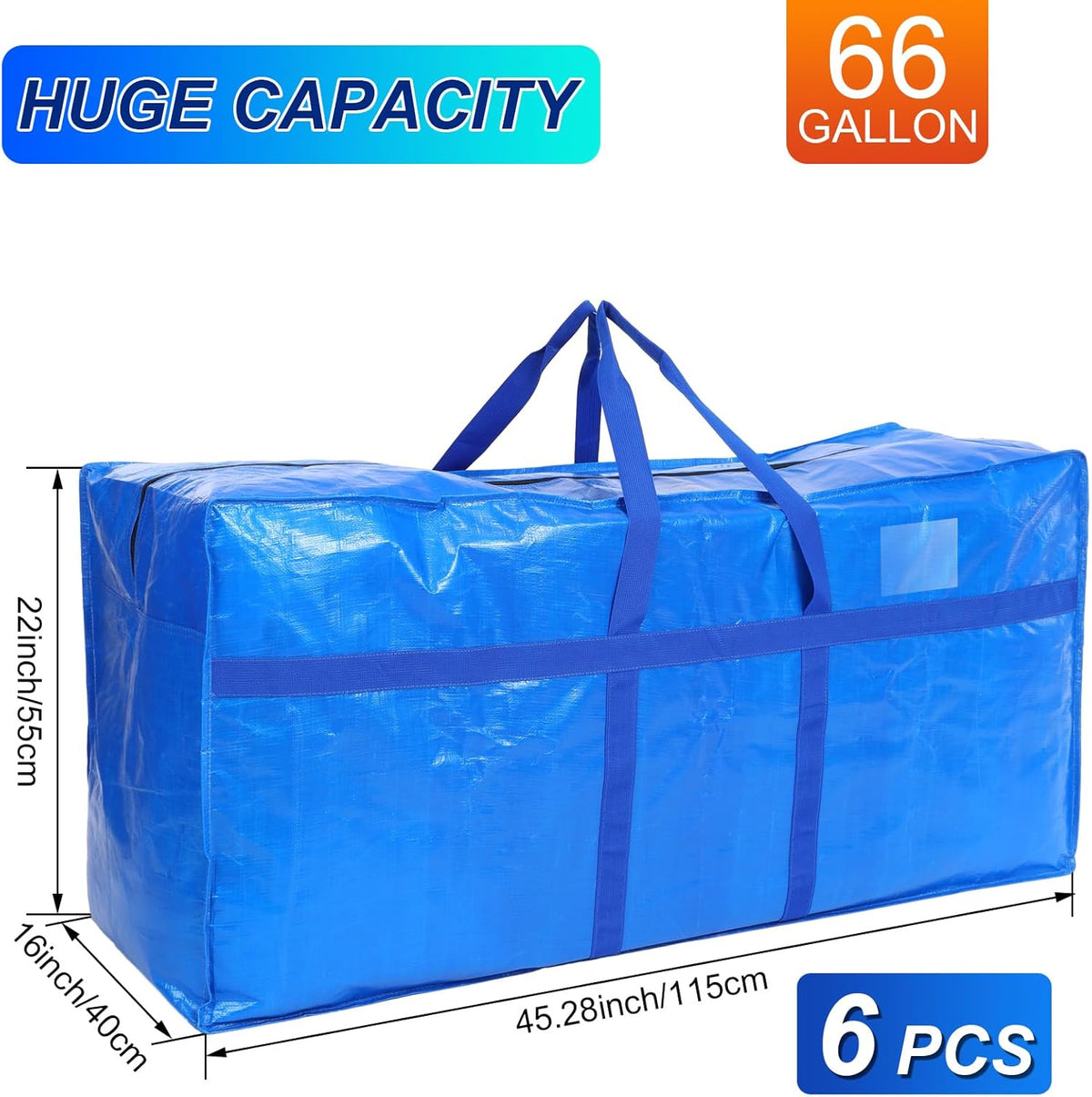 6 Pcs 66 Gallon Large Moving Bags with Zipper and Handles Foldable Storage Duffle Bags Heavy Duty