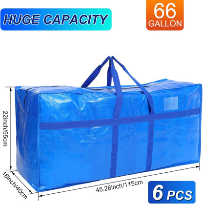 6 Pcs 66 Gallon Large Moving Bags with Zipper and Handles Foldable Storage Duffle Bags Heavy Duty