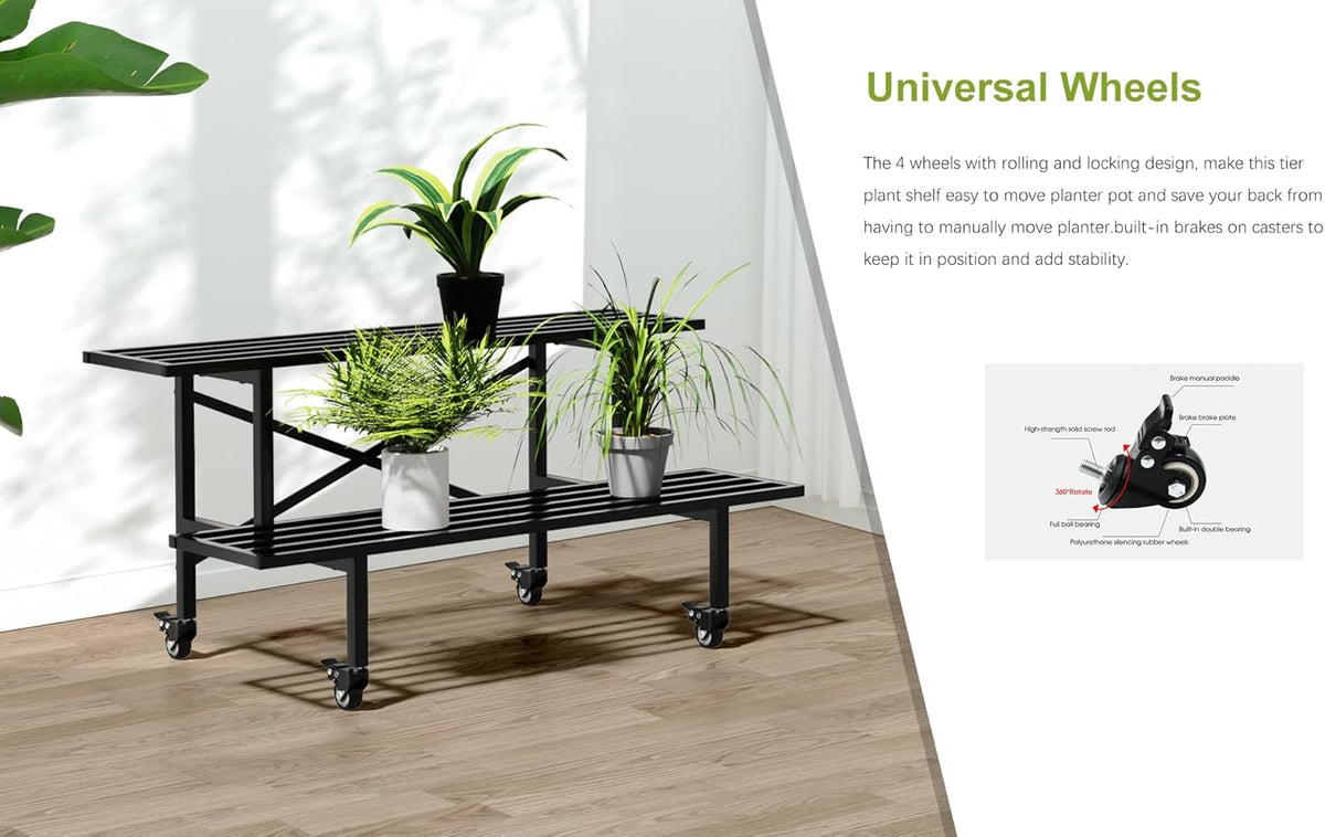 Zhongma 2 Tier Sturdy Metal Plant Stand with Wheels, L35.43 x W17.5 x H16.14 inch, Heavy Duty Plant