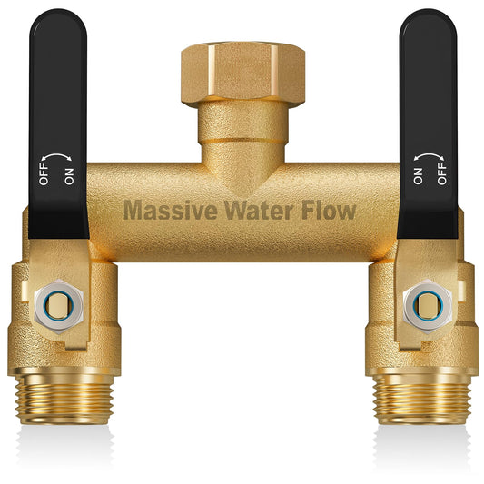 Hose Splitter 2 Way Heavy Duty, Full Flow Garden Hose Splitter with 2 Long Metal Handles, Brass