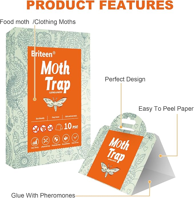 Pantry Moth Traps 10-Pack Safe and Effective for Food and Clothing- Glue Traps with Pheromones for