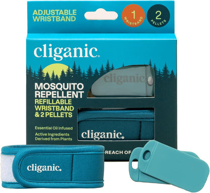 Cliganic Mosquito Repellent Pack (Wristband + 2 Refill Pellets) - Adjustable, Natural DEET-Free