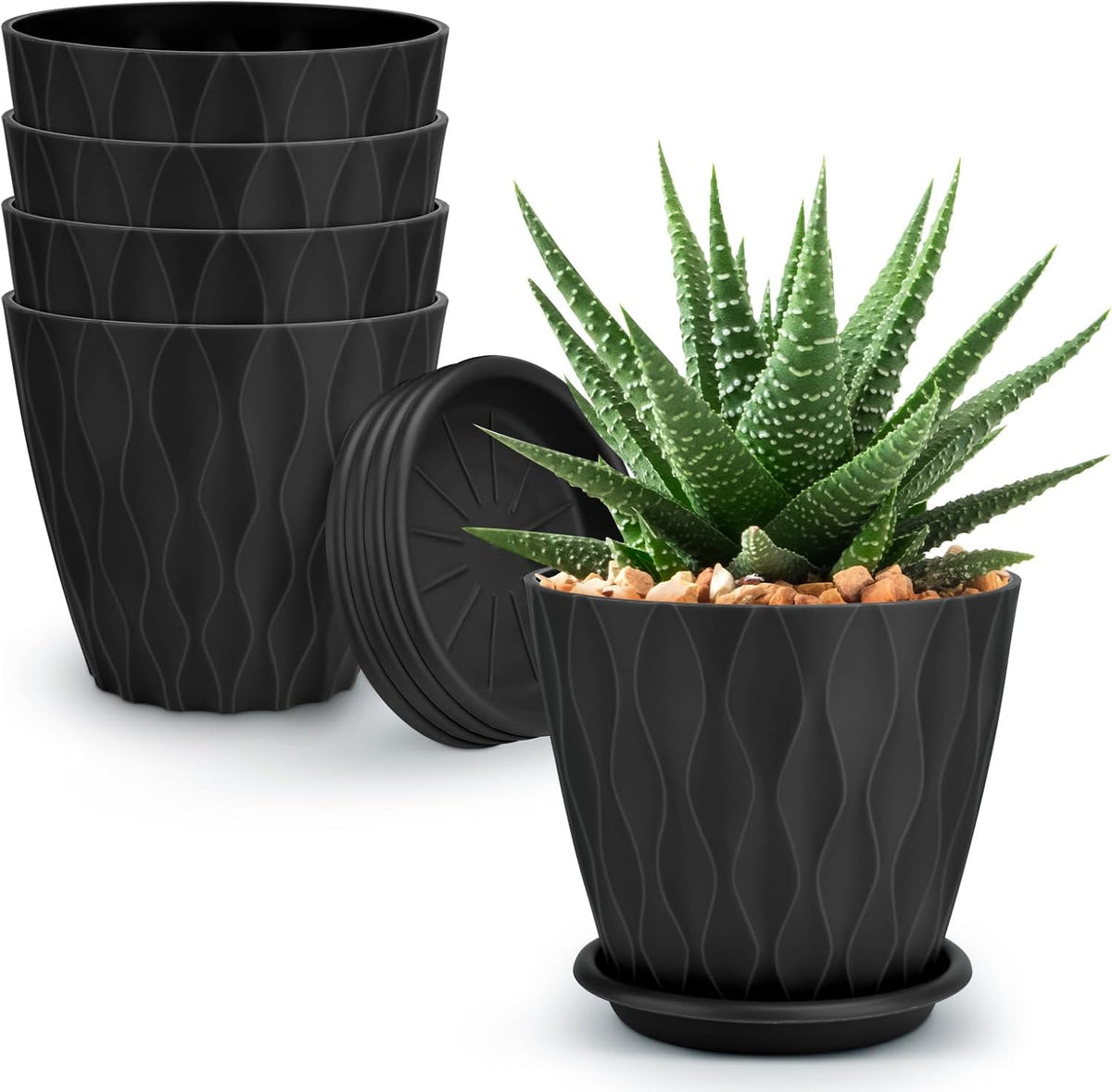 4 inch Plant Pots, 5 Pack Flower Pots Outdoor Indoor, Planters with Drainage Holes and Tray