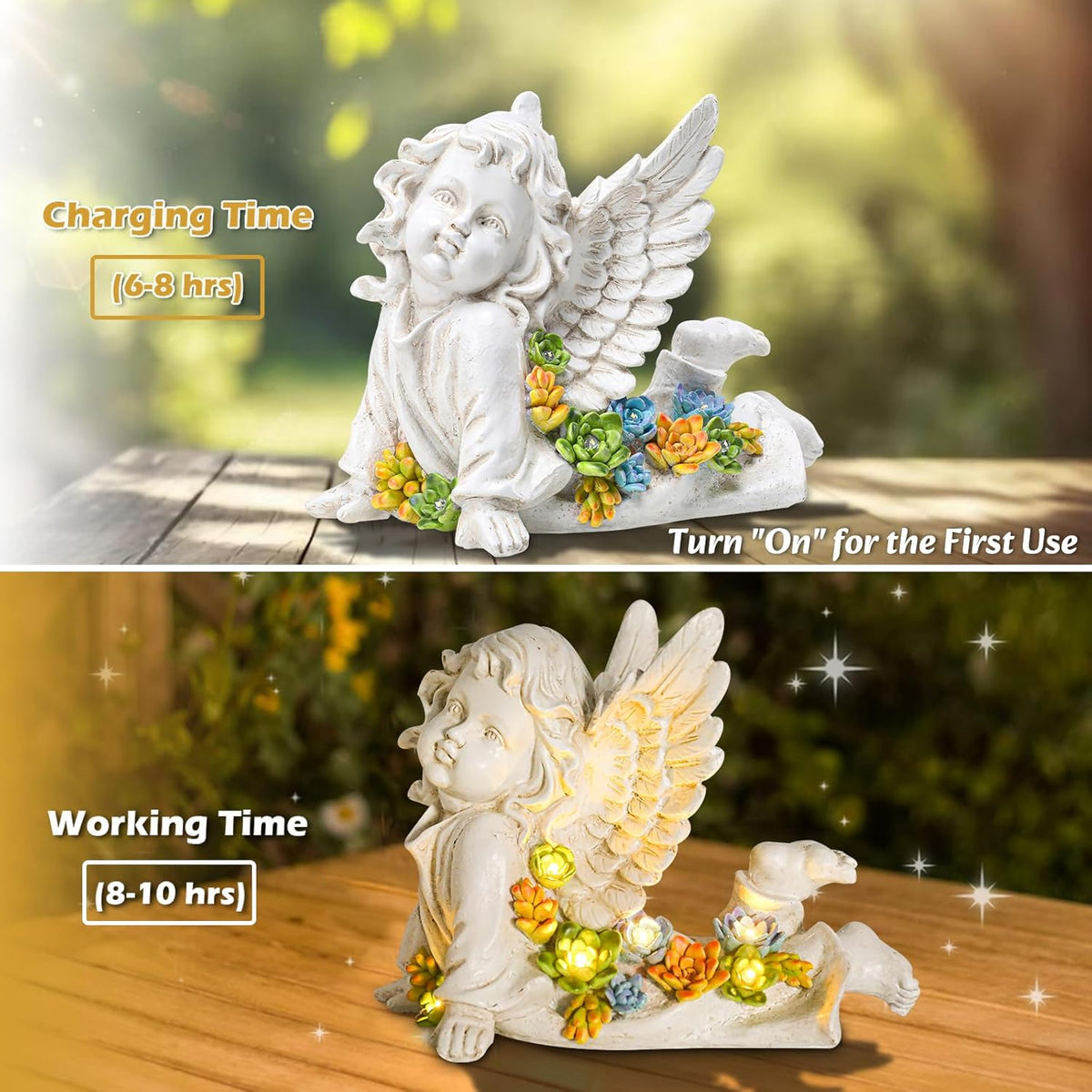 Solar Cherub Angel Outdoor Garden Decor Statues - 7 inches Baby Angel Figurines Outdoor Sculptures