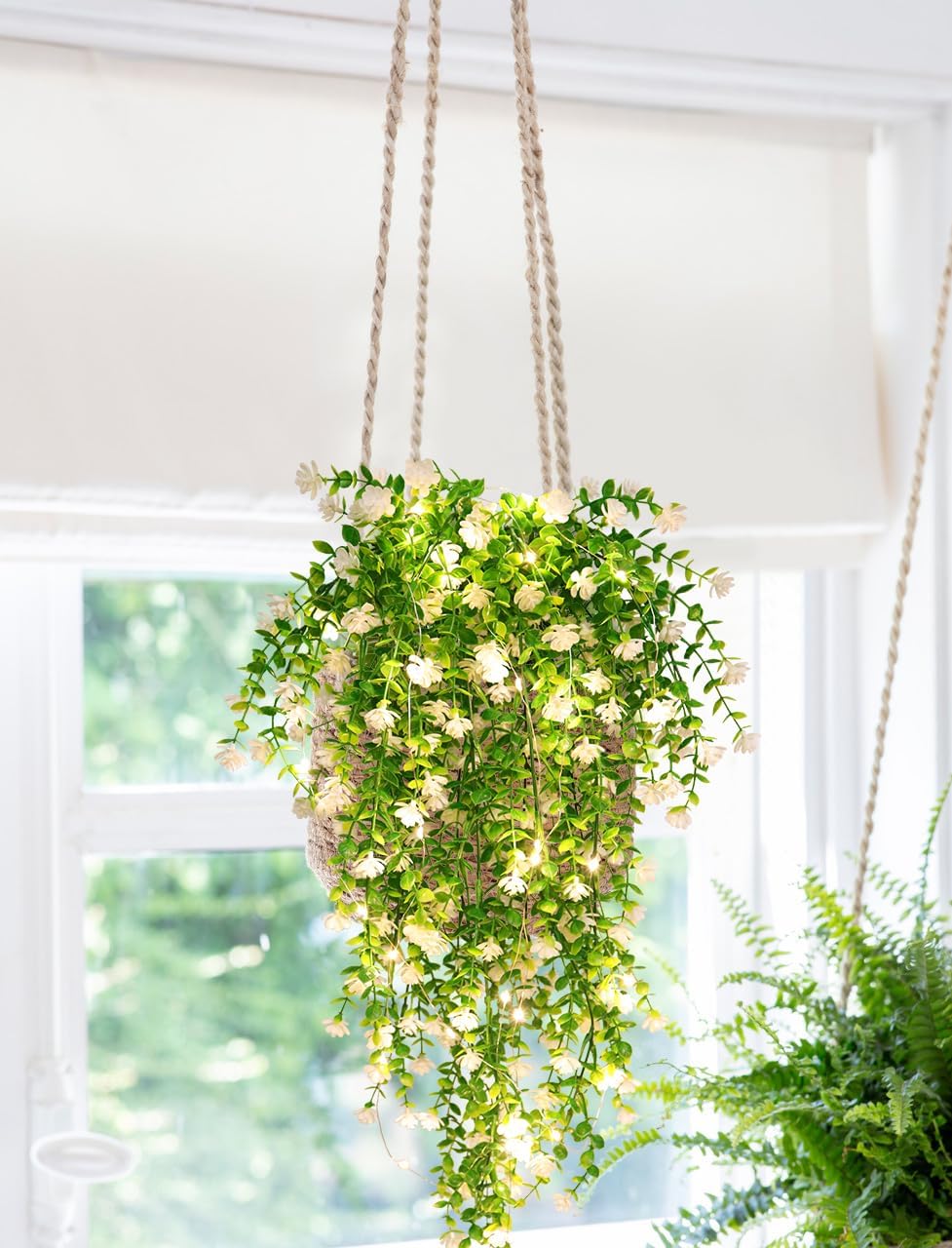 SJL Hanging Faux Plants Indoor 4pcs Fake Flowers Plant Fern with LED Lights Artificial Vines for