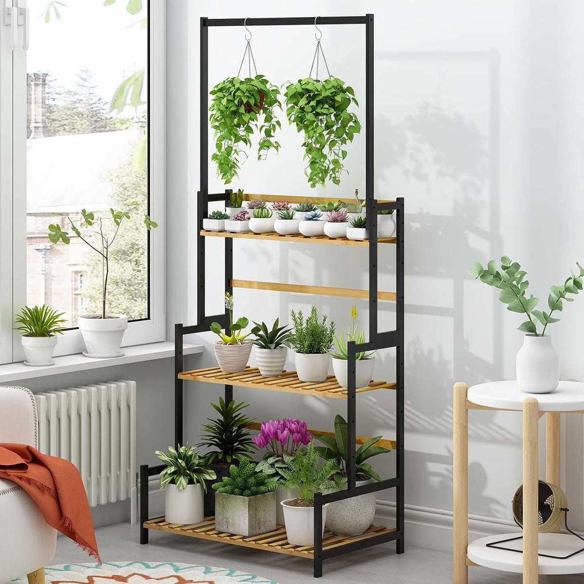 Ufine Bamboo Hanging Plant Stand 3 Tier Ladder Shelf with Hanging Rod Height Adjustable Flower Pot