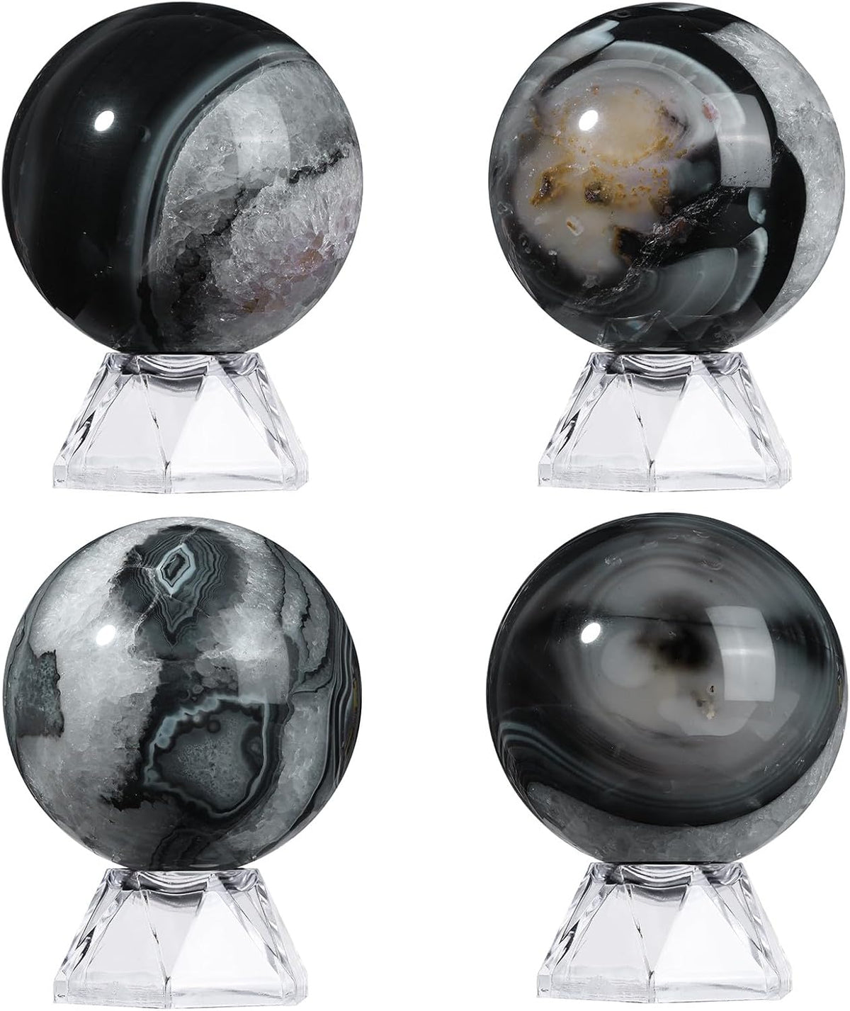 Natural Black Striped Agate Crystal Ball with Acrylic Display Base, 50-60mm Polished Stone Feng
