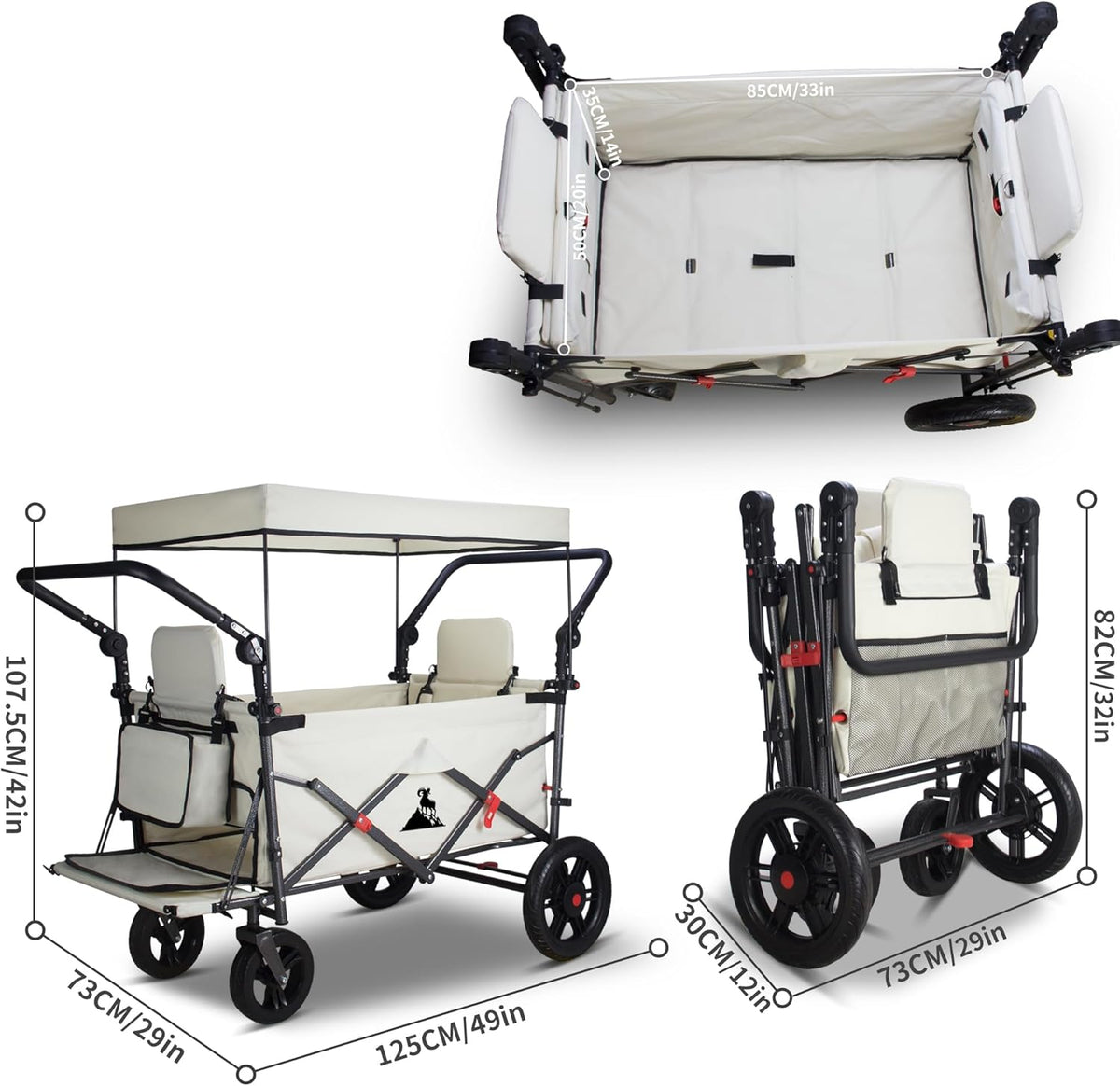 Foldable Wagon with Canopy - Collapsible Utility Cart with 2 Seats & Belts, Adjustable Handle