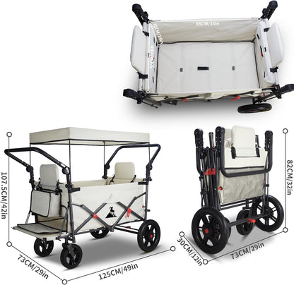 Foldable Wagon with Canopy - Collapsible Utility Cart with 2 Seats & Belts, Adjustable Handle