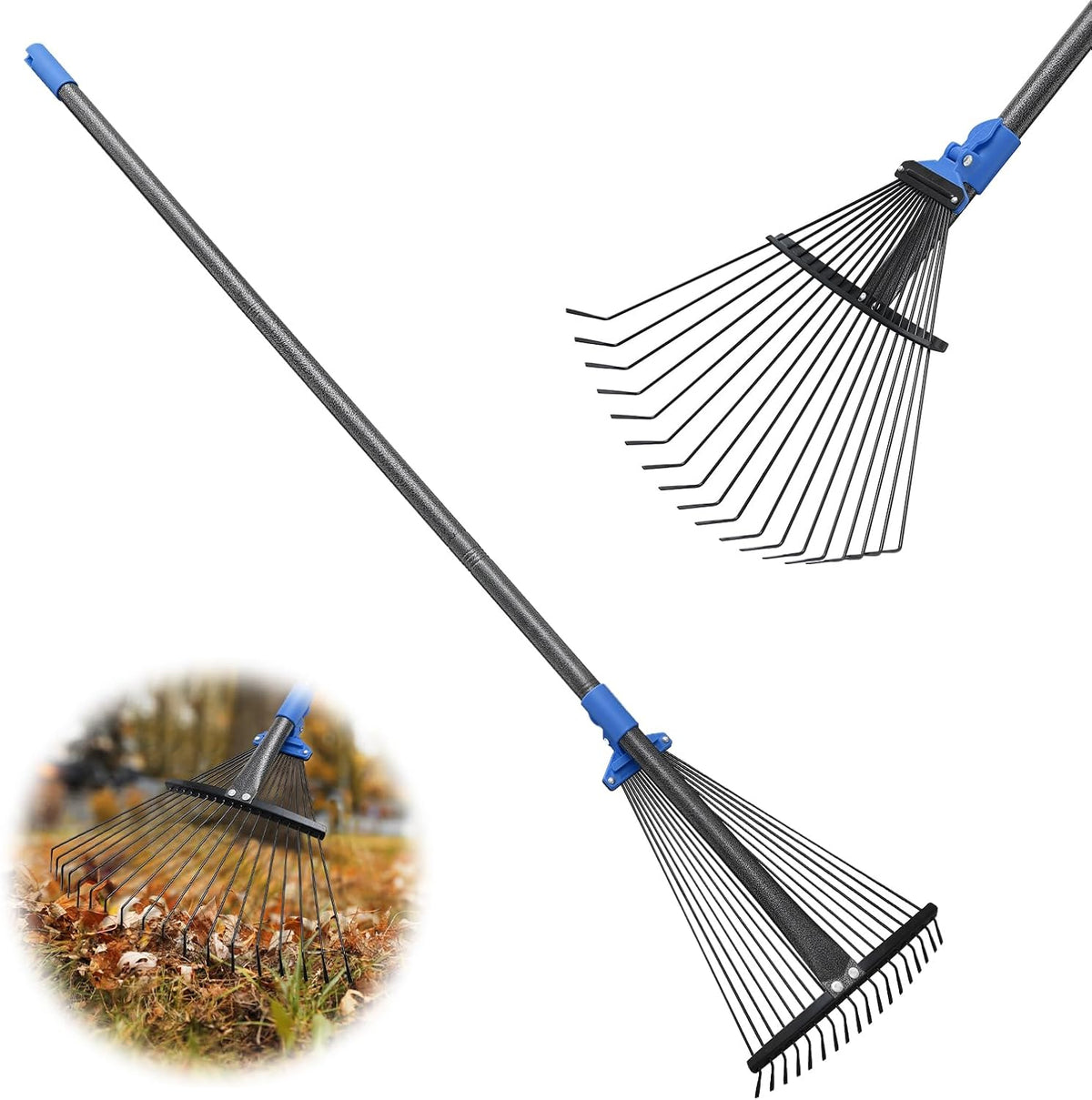 Rake, Leaf Rake with Expandable Head,18 Teeth, Adjustable 53 Inch Long Handle, 17 Inch Wide, Heavy