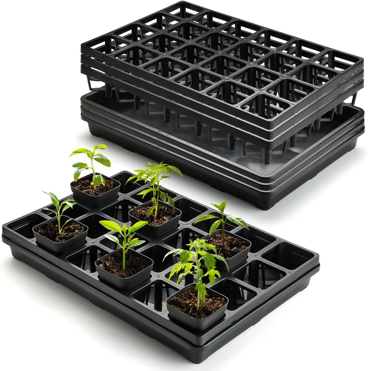 24 Cell Nursery Pots Trays (17"x11"x2") with Plastic Flat Seed Starter Trays, Durable Carrying