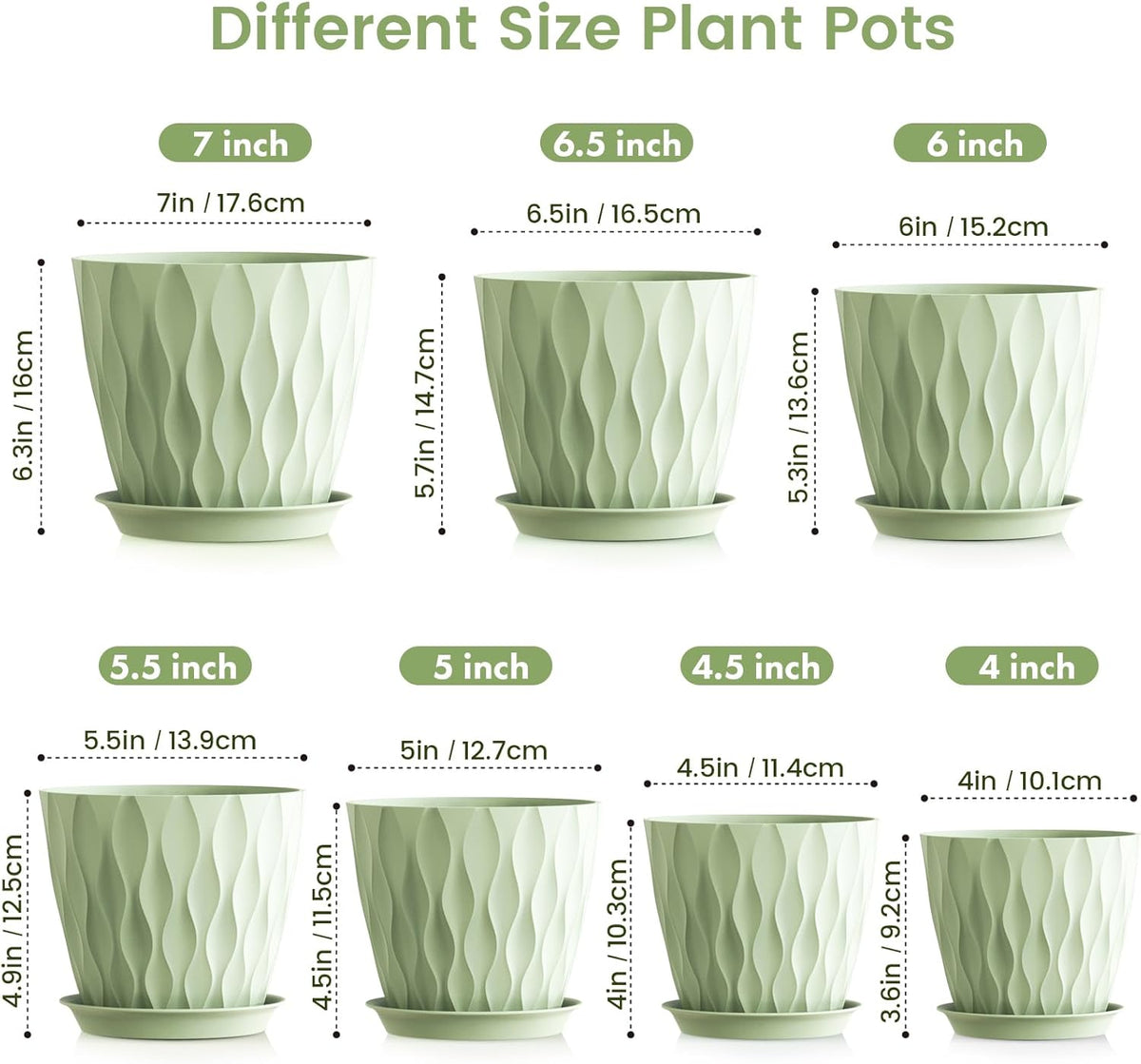 7/6.5/6/5.5/5/4.5/4 inch Plant Pots for Indoor Outdoor Plants, 7 Pack Thick Flower Pots with