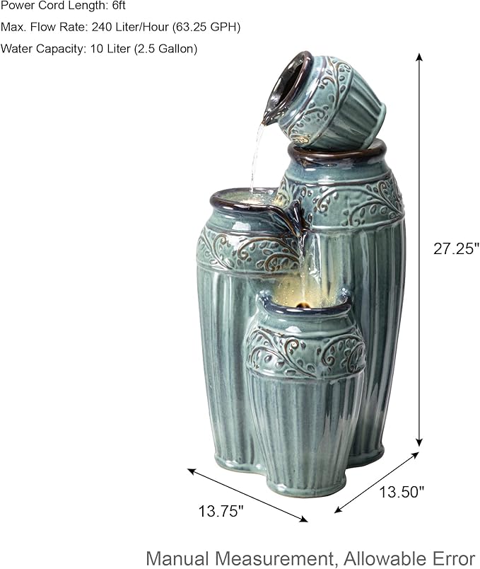 Glitzhome 27.25" H Outdoor Garden Water Fountain with LED Lights and Pump, 4 Tier Turquoise