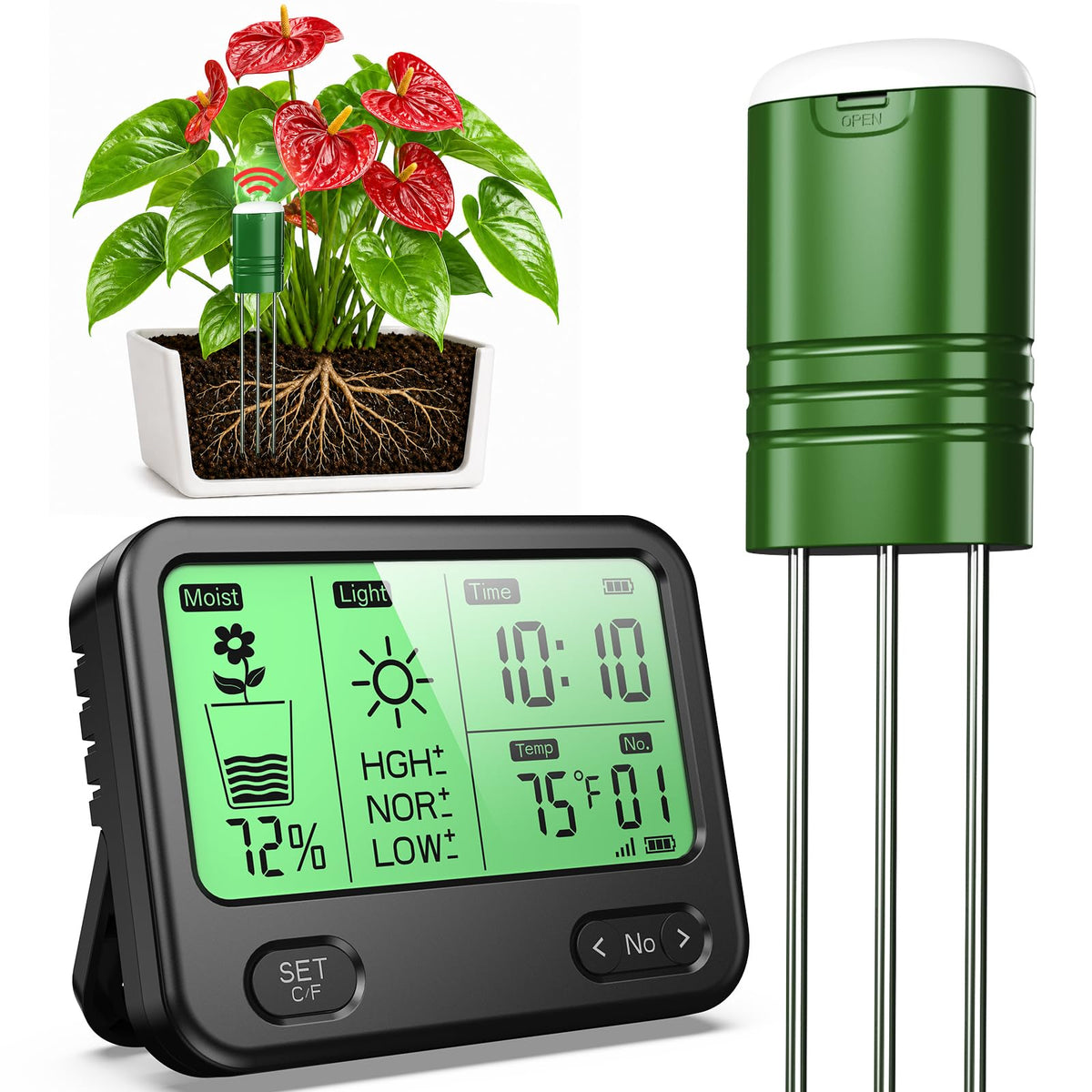 4-in-1 Soil Moisture Meter for Plants ,Soil Temperature /Moisture /Sunlight Time, Large Screen