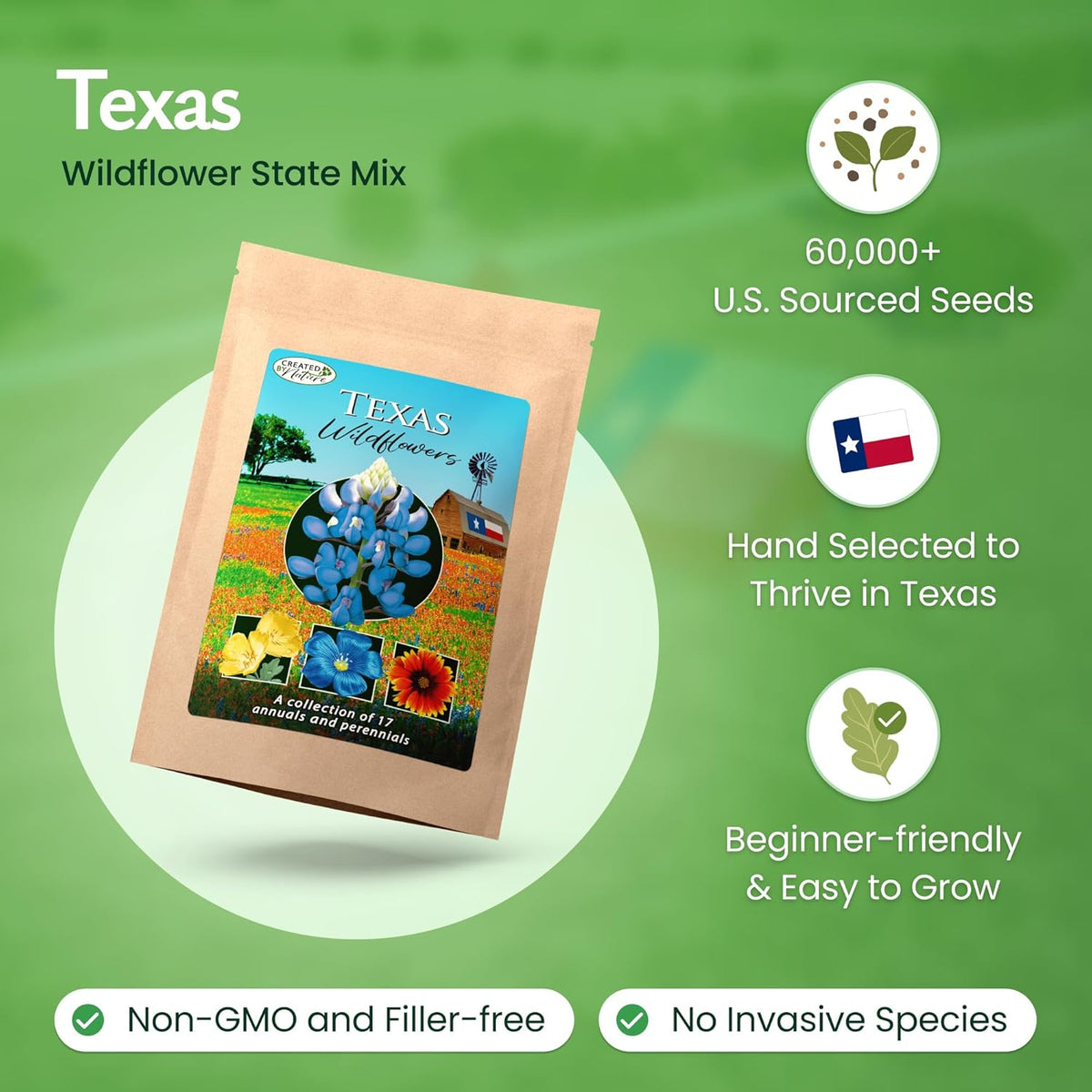 Created By Nature Texas Wildflower Seed Mix with Texas Bluebonnet Seeds, 17 Flower Varieties