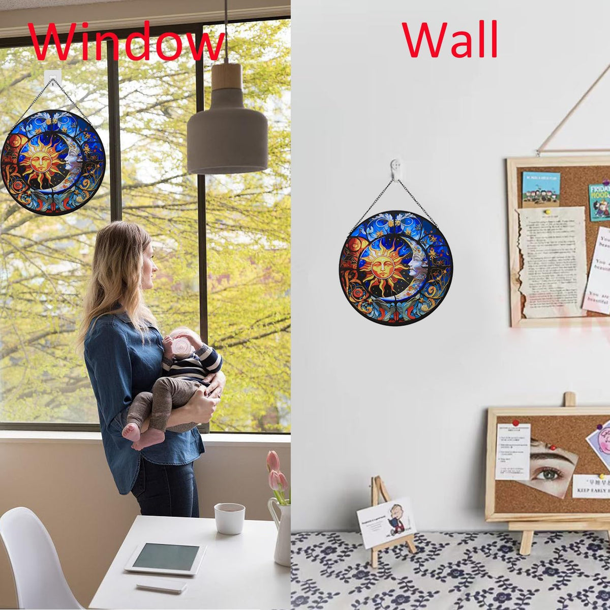 Hanging Stained Glass for Windows,20cm/7.87inch Sun and Moon Hand-Painted Sun Catcher Garden