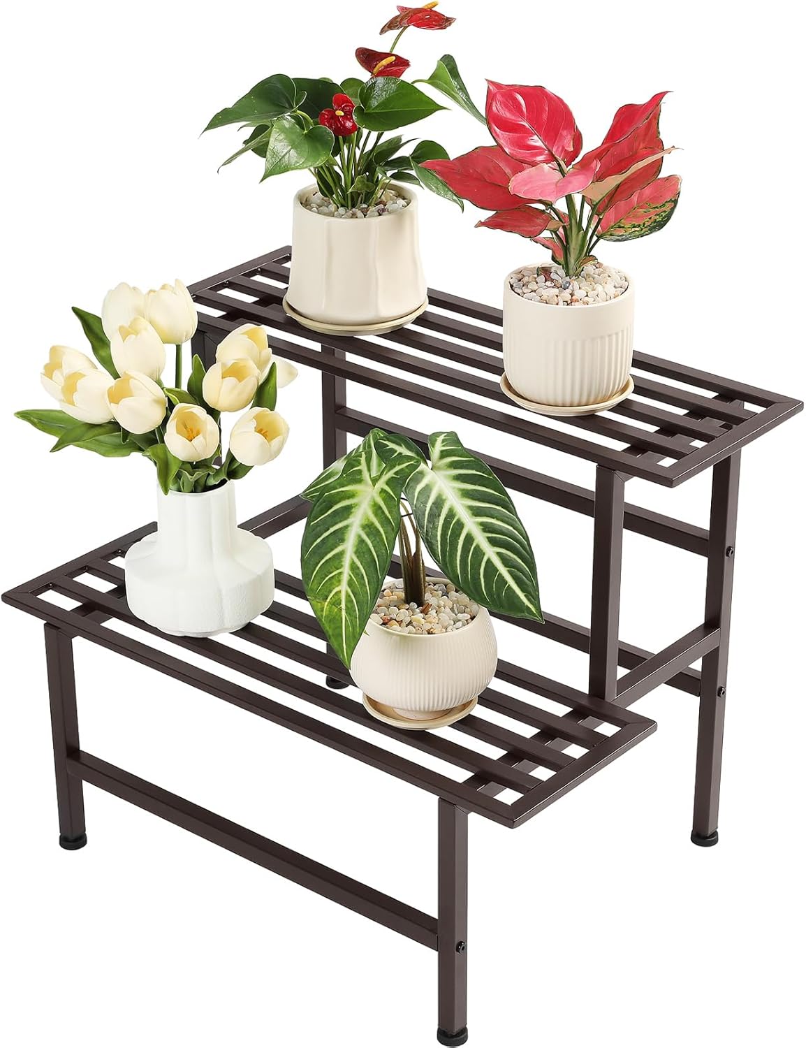 Metal Plant Stand Outdoor Plant Shelf Indoor,2 Tier Heavy Duty Ladder Plant Stands for Multiple