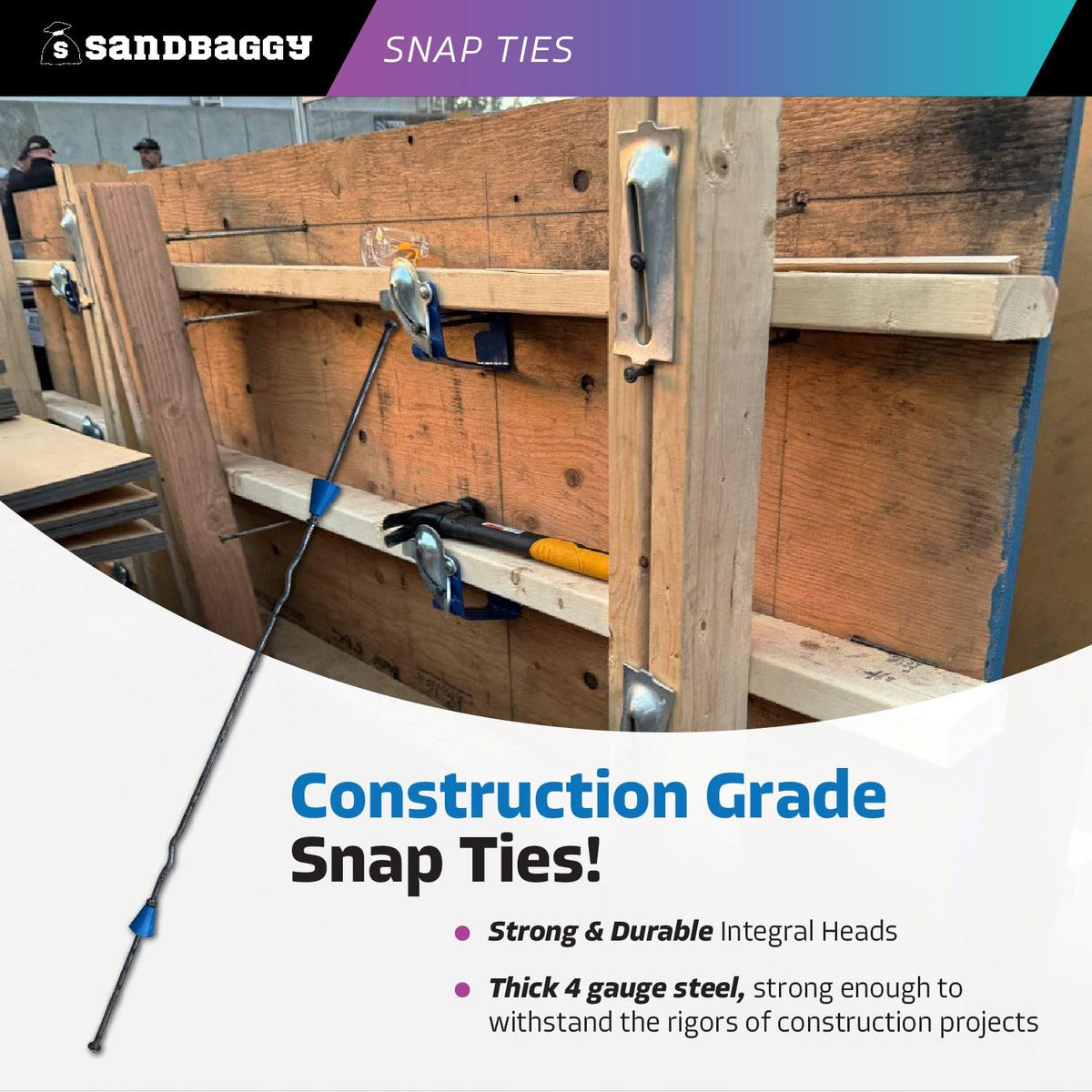 16" x 4 ¾" Standard Snap Ties for Concrete Forms (Short End) - 1" Plastic Cones, Integral Heads