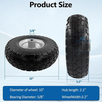 10-Inch 4.10/3.50-4 Tire and Wheel Flat Free, Heavy Duty Solid Replacement Tire with 5/8" Bearings