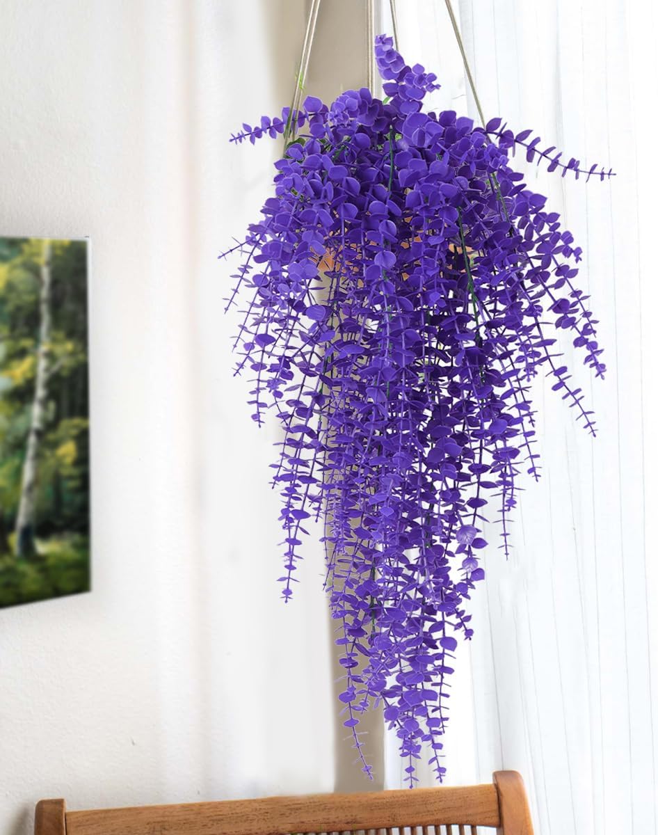 RECUTMS Artificial Hanging Plants Fake Plants Greenery Vines Aritificial Plants Eucalyptus Purple