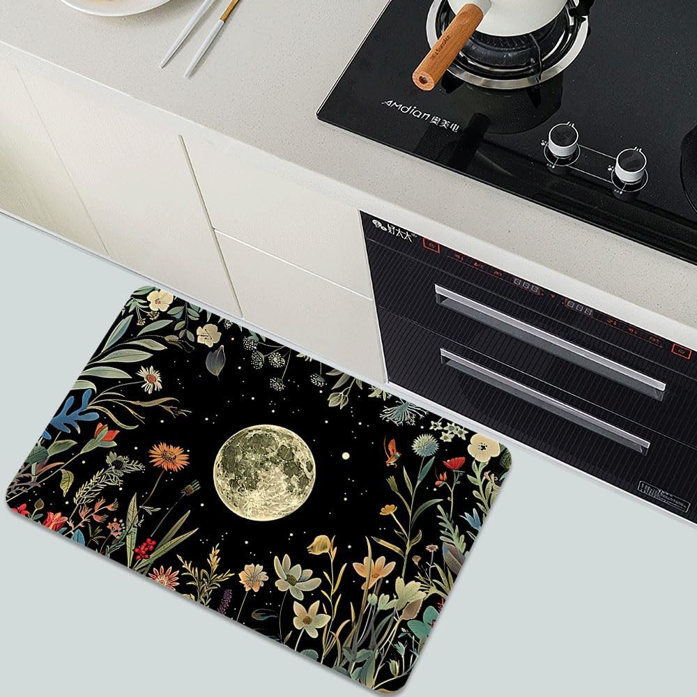Bath Mat-Bathroom Rug，Moon Surrounded by Wildflowers-Absorbent Non Slip Quick Dry Stain Resistant