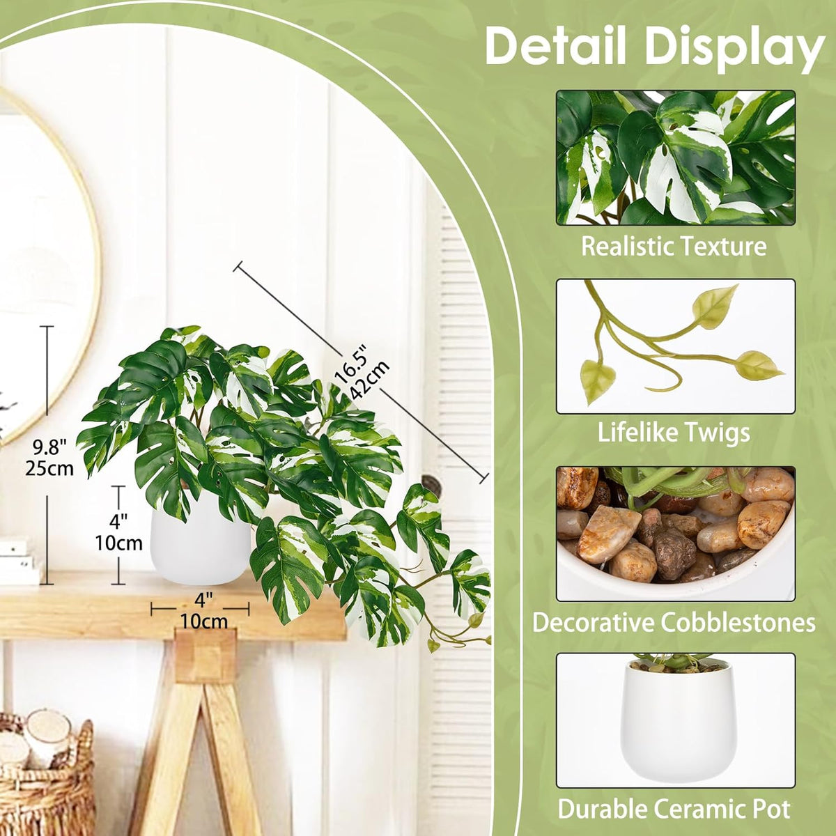 DILATATA Fake Plants Indoor 8 Inch Artificial Monstera Plant in White Ceramic Pot - Faux Potted