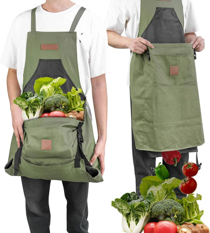 Berry&Bird Harvest Apron, Canvas Gardening Apron with Pockets and Harvesting Pouch Waterproof