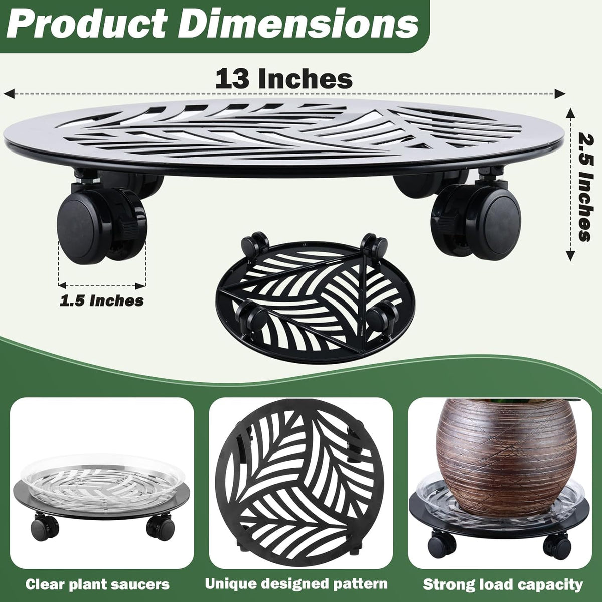 2 Packs Large Metal Plant Caddy with PU Wheels 13" Heavy-Duty Wrought Iron Rolling Plant Stands