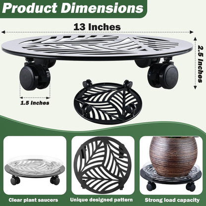 2 Packs Large Metal Plant Caddy with PU Wheels 13" Heavy-Duty Wrought Iron Rolling Plant Stands