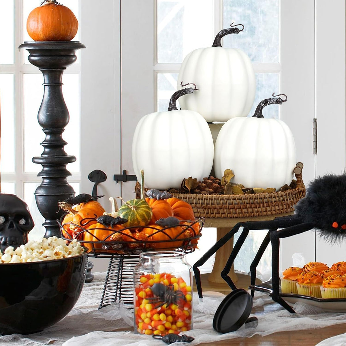 Artmag 6 Inch Large Artificial Pumpkins, 4PCS Big White Faux Foam Harvest Pumpkins for Fall Autumn