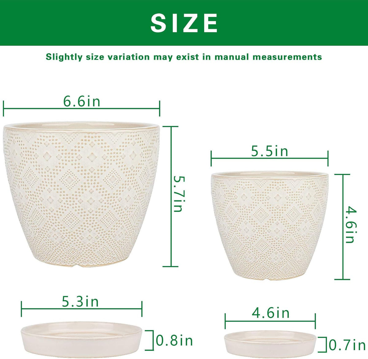 Docrin Ceramic Plant Pots Indoor, 6.6 + 5.5 Inch Planters with Drainage Holes and Saucer for