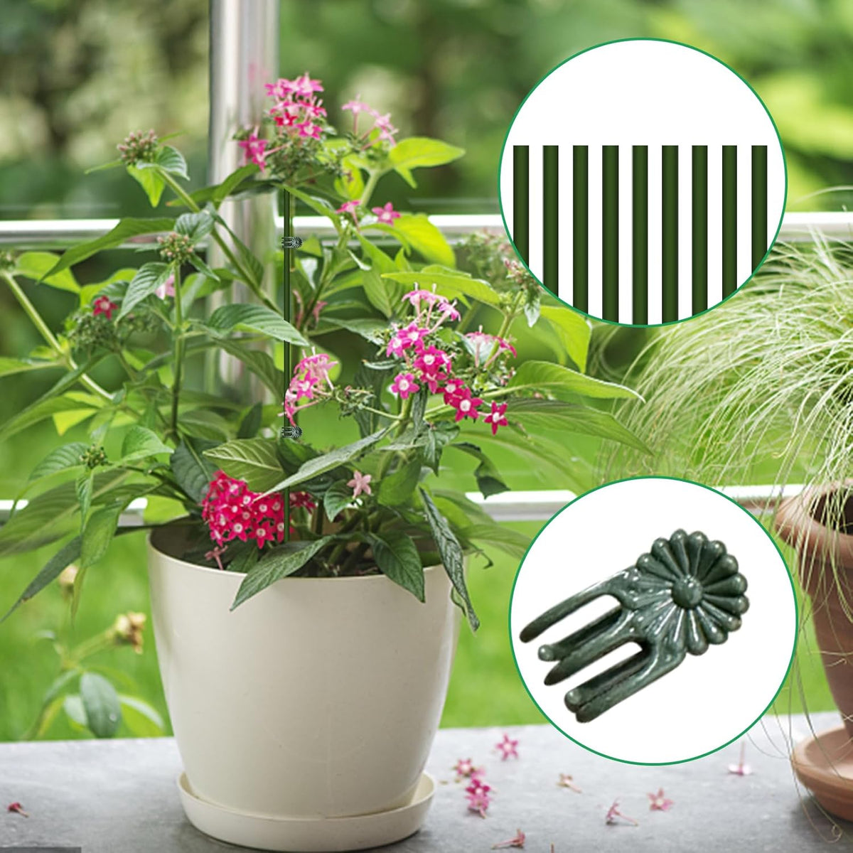 10pcs Green Plant Support Stakes with 15pcs Clips, Bendable Stakes for Tall Plants, Indoor &