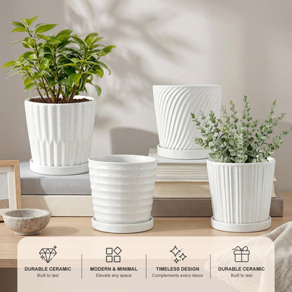White 6 Inch Flower Pots for Plants,Ceramic Planter with Drainage Holes