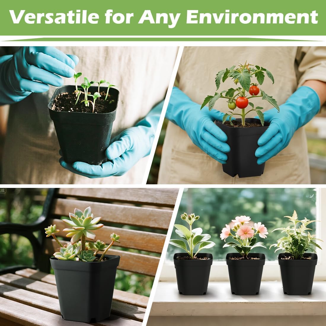 Square Nursery pots 4 Inches 60Pcs, Seedling Plastic Seeds propogation Growing Pots