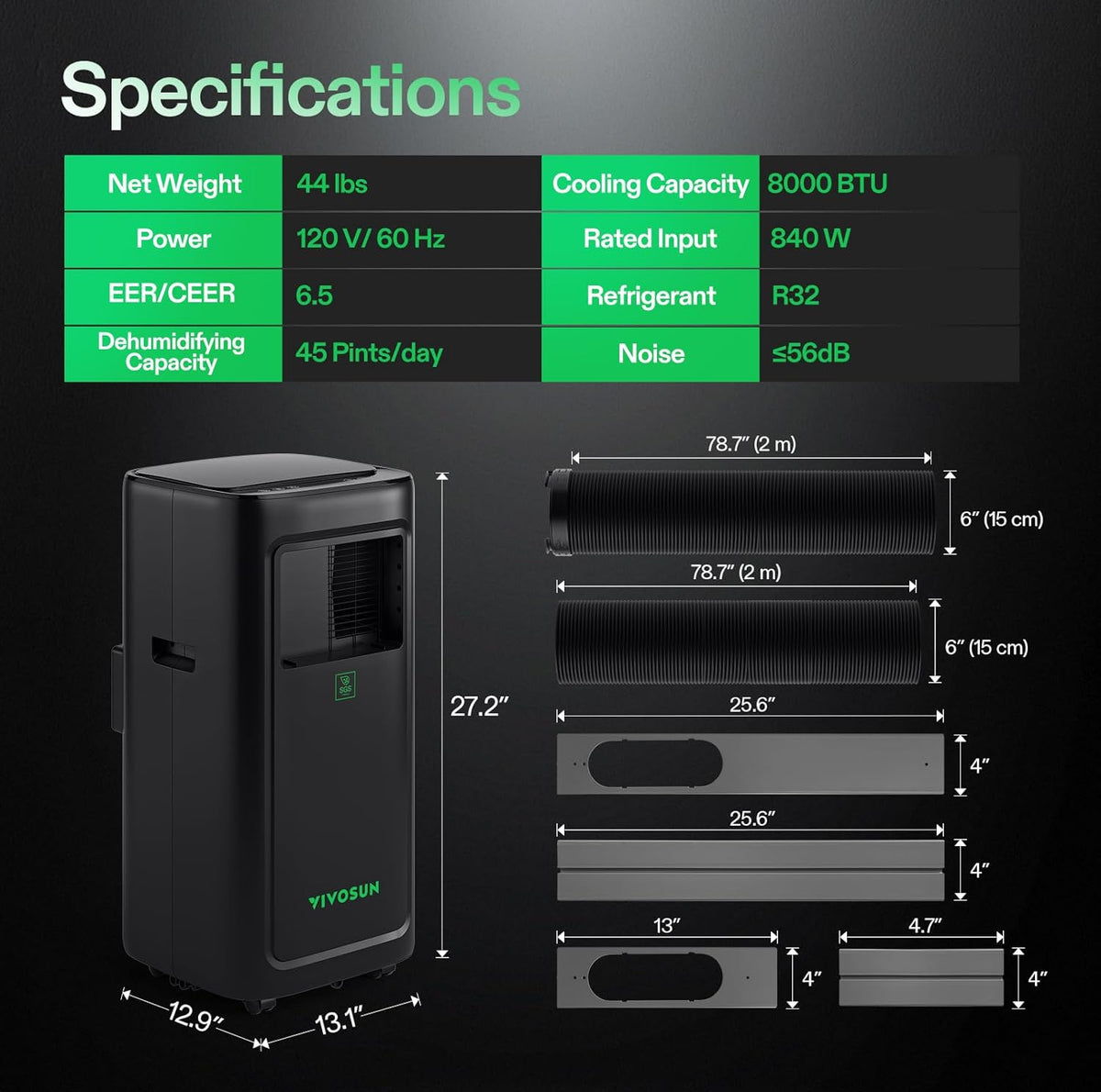 VIVOSUN AeroLush C08 Smart Air Conditioner, 8000BTU, 4-in-1 Function, with Temperature & Humidity