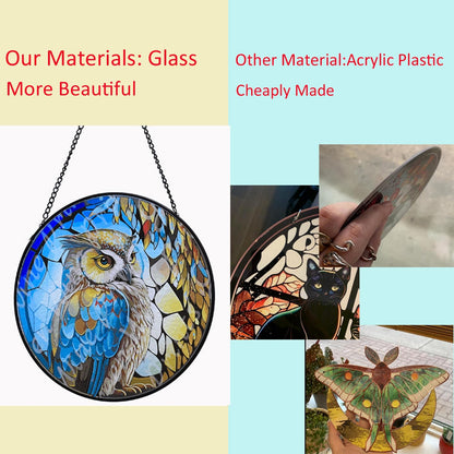 Hanging Stained Glass for Windows,20cm/7.87inch Owl Suncatcher Stained Glass Garden Hangings