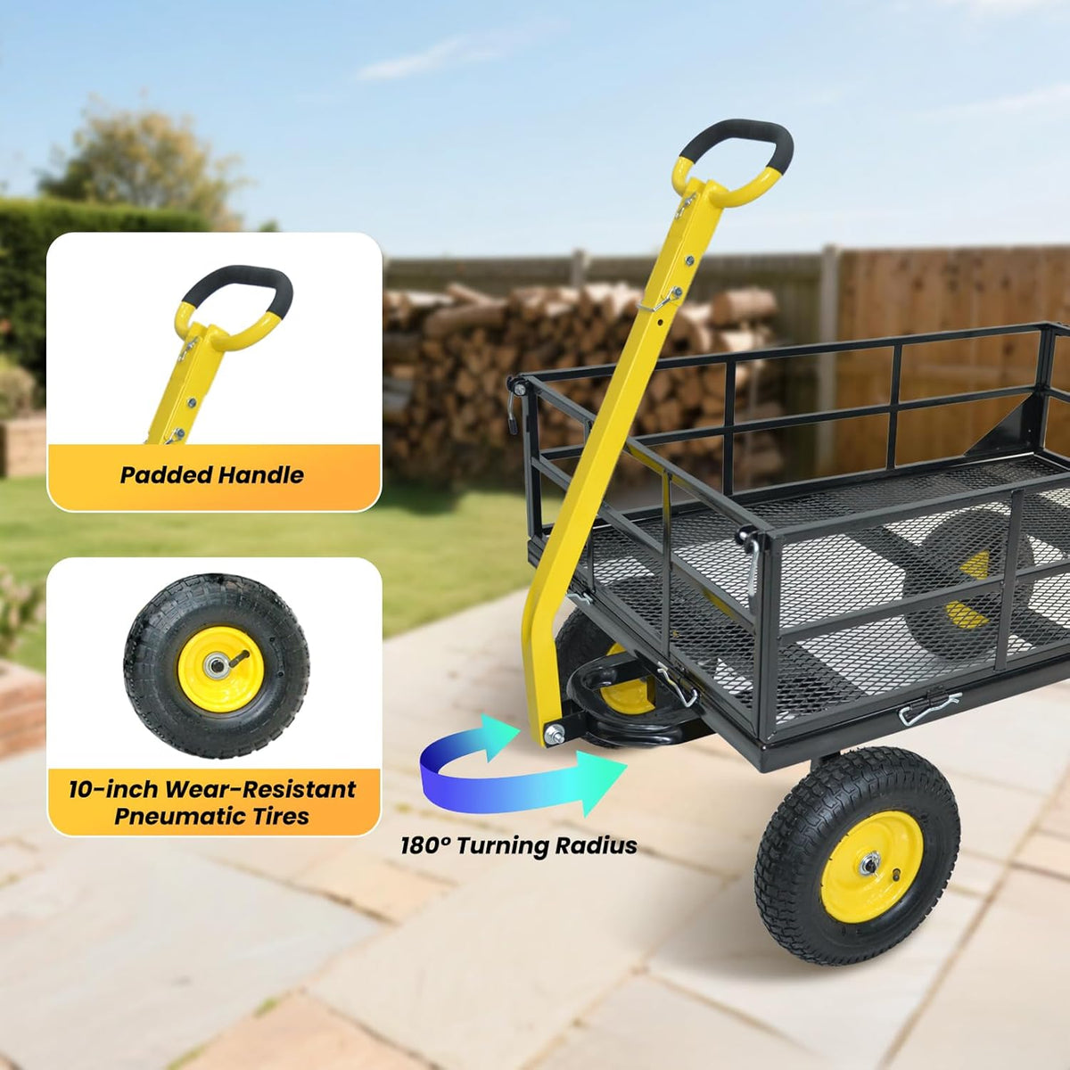 1200 lbs Steel Garden Cart, Heavy Duty Yard Utility Wagon with 10" Pneumatic Tires, Removable Mesh