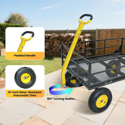1200 lbs Steel Garden Cart, Heavy Duty Yard Utility Wagon with 10" Pneumatic Tires, Removable Mesh