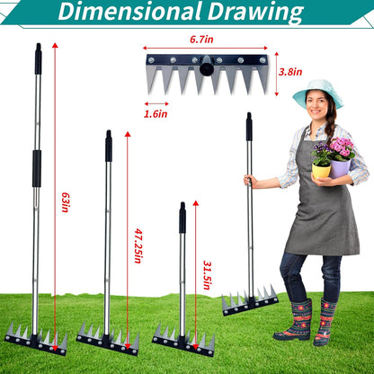 Garden Rake, 8 Tines Garden Weeding Rake with Sharp Blade with Steel Adjustable Handle (31'' to