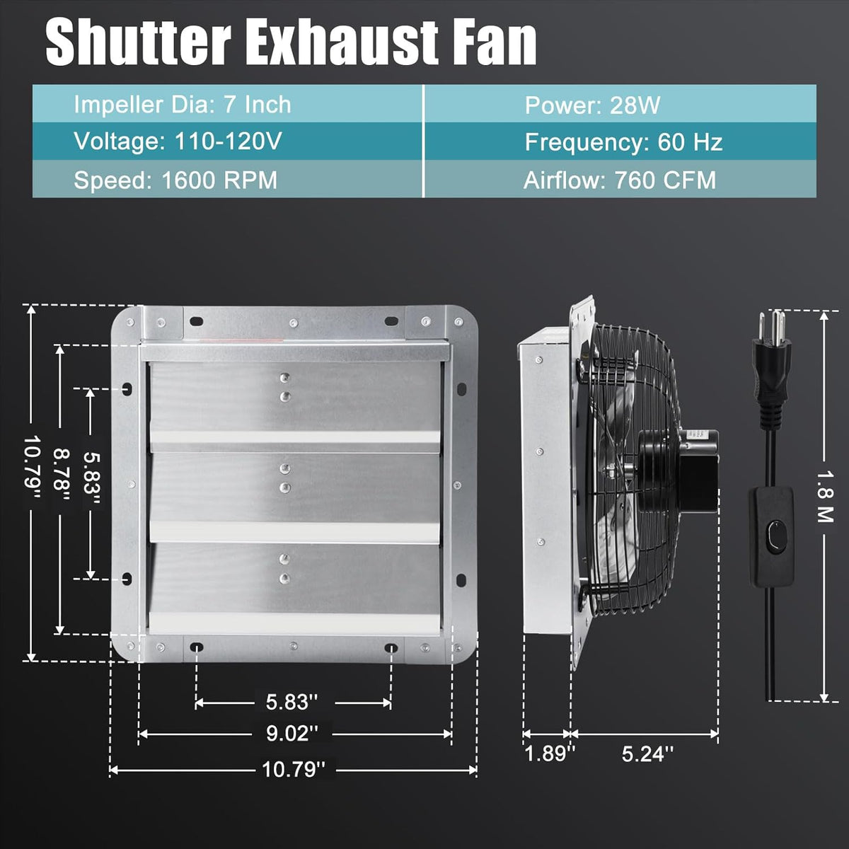 Criditpid 7 Inch Shutter Exhaust Fan, Garage Exhaust, Wall Exhaust Fan with ON/OFF Switch for