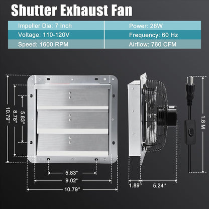 Criditpid 7 Inch Shutter Exhaust Fan, Garage Exhaust, Wall Exhaust Fan with ON/OFF Switch for